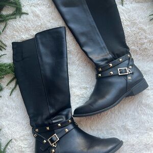 Studded Black Leather Knee-High Boots